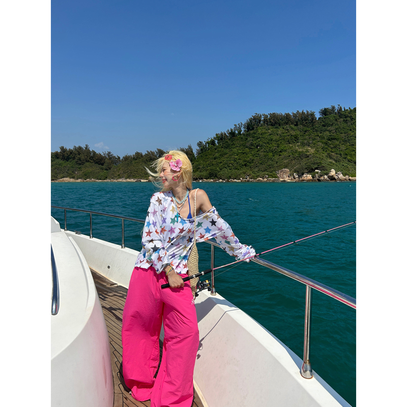Uptomcc Colorful All-Over Print Star Pattern Asymmetrical Shoulder T-Shirt Cover-Up Lightweight Quick-Dry Casual Pants Set Trendy