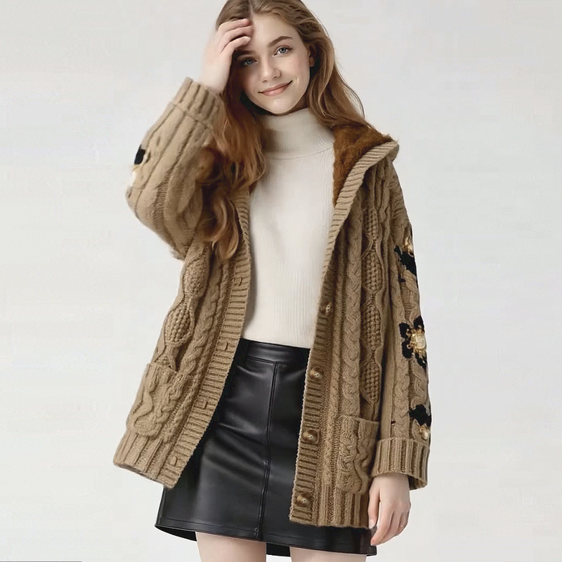 25-Gauge Chunky Knit Jacquard Sweater Cardigan for Women, Winter Mid-Length Short Style, Fleece-Lined and Thickened 25-Gauge Chunky Knit Jacquard Sweater Cardigan for Women, Winter Mid-Length Short Style, Fleece-Lined and Thickened
