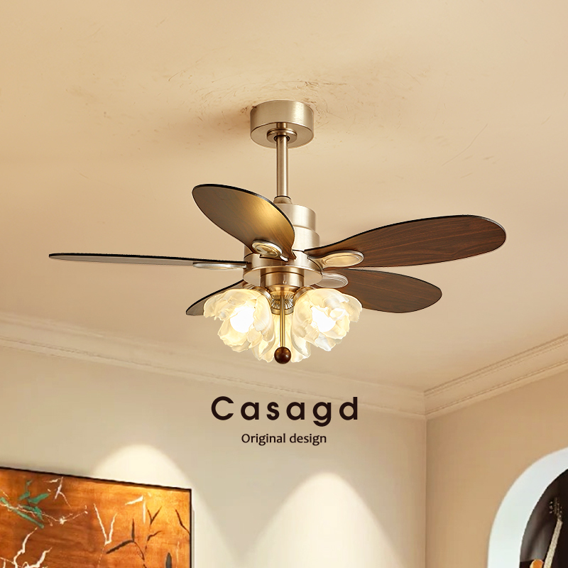 Vintage Fan Light Chandelier in Walnut Color, Retro Lily of the Valley Design, Silent Eye-Protection Fan Light for Bedroom and Dining Room Casagd