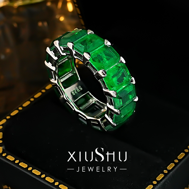 European and American Simple Style 925 Silver Paraiba Ring, Stackable, Statement Ring for Index Finger, Exaggerated Large Row of Diamonds, Emerald Wide Setting, Couple Style