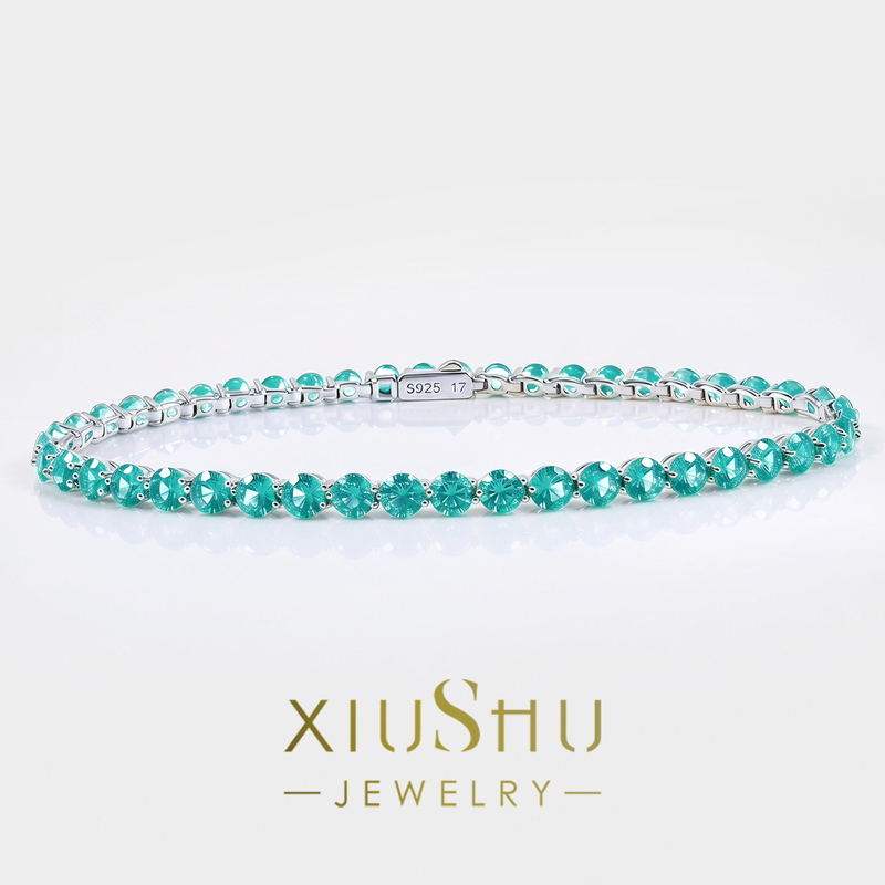 Xiushu Cultivated Gemstone'Mint Sea Salt' 925 Silver Paraiba Color Tennis Bracelet for Women, Unique and Fresh Xiushu Cultivated Gemstone'Mint Sea Salt' 925 Silver Paraiba Color Tennis Bracelet for Women, Unique and Fresh