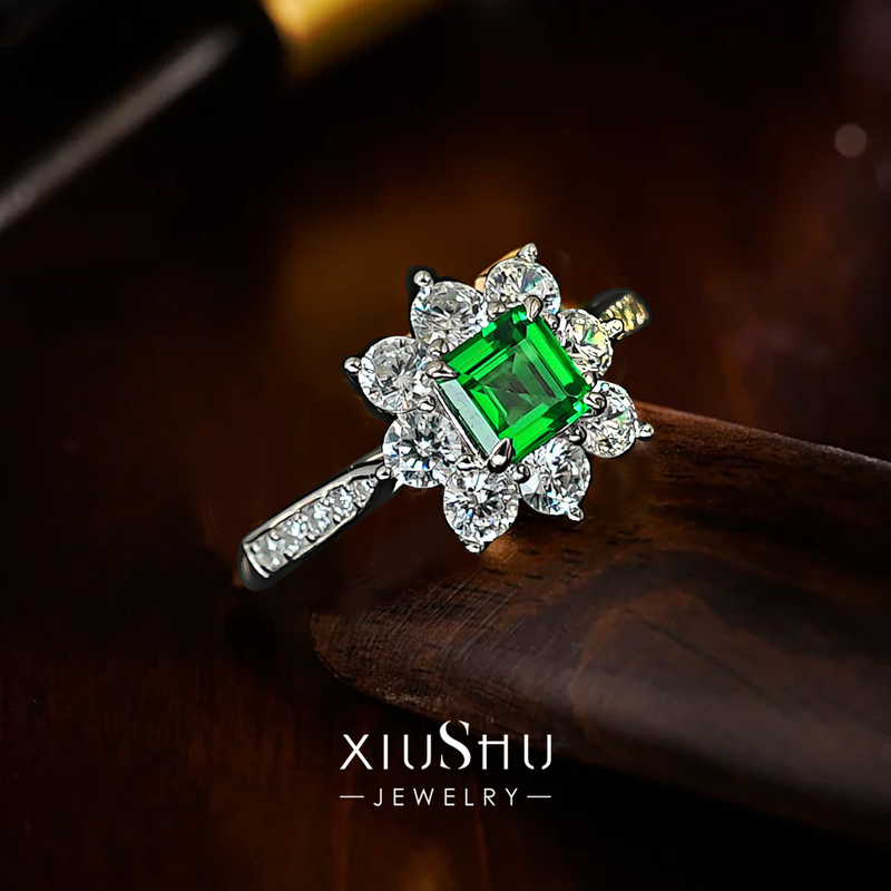 Sunflower Princess Square Pagoda Cut Emerald Green 925 Sterling Silver Ring Artificial Gemstone Colorful Gemstone Wood Green Daily Wear