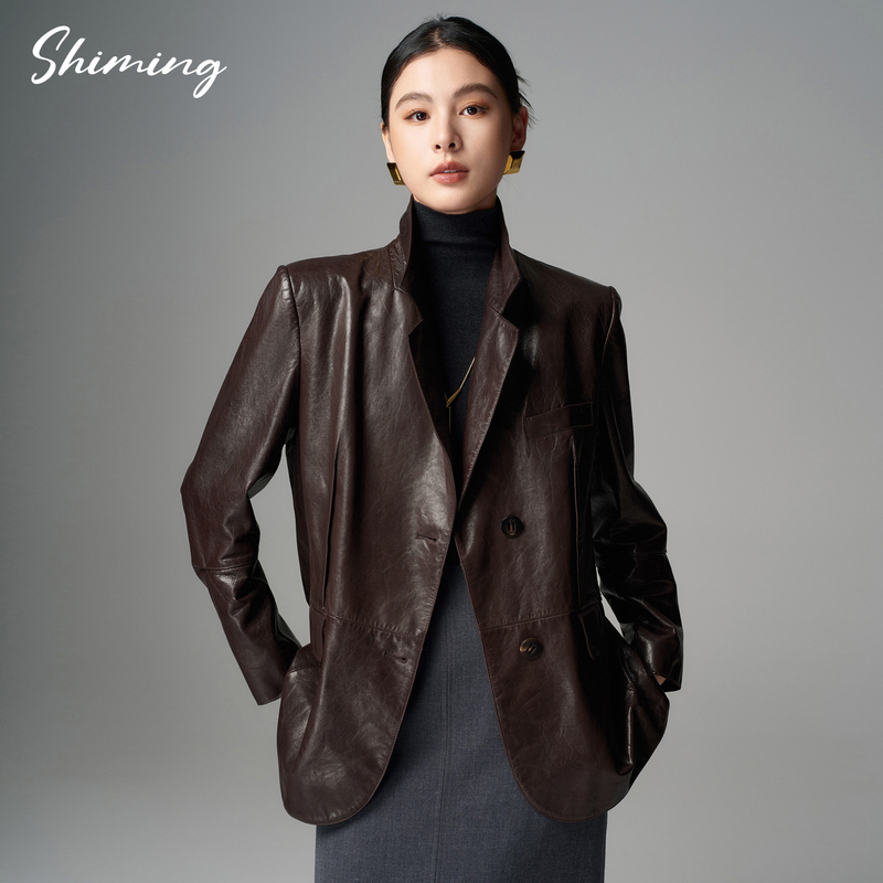 Imported Hepburn Oil Wax Goatskin Genuine Leather Jacket for Women, Mid-Length Suit Style, Slimming and Youthful, New Autumn 2026 Model