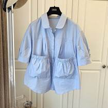 Design sense niche loose casual French retro doll collar fold double pocket stitching short sleeve shirt top women