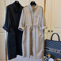 Designer niche temperament French twill collar stitching pocket loose casual wash cotton dress 2021 autumn