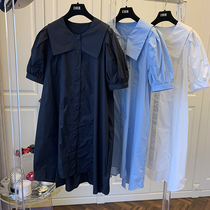 Design sense niche French Korean loose A word bubble sleeve bow collar cotton short sleeve dress tide 2021