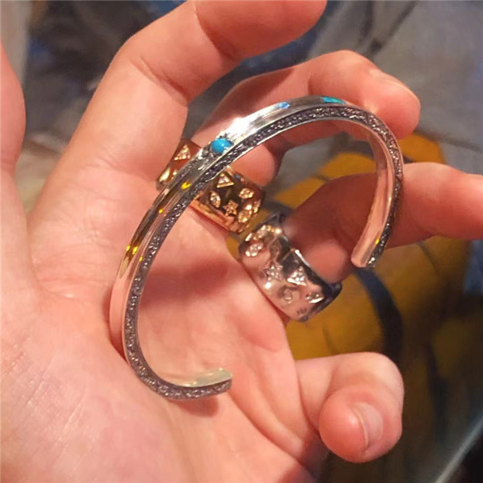 Lianyu Mountain Indian Navajo Tangcao Engraved Power Totem 925 Sterling Silver Bracelet Turquoise Bangle Silver Jewelry