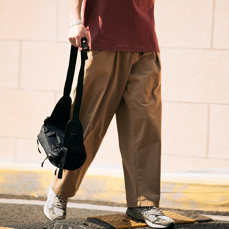 Khakisummer wear new pattern solar system men's wear easy Casual pants Double fold Wide leg pants washing cotton material Solid color trousers Versatile trousers