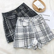 Thu đông 2018 phiên bản Hàn Quốc mới của nước hoa nhỏ gió tweed dây kéo cao eo quần short nữ giản dị kẻ sọc màu quần ống rộng