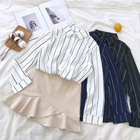 Mùa thu 2018 mới Hàn Quốc bf gió sọc dọc tay dài áo voan nữ rộng rãi hoang dã áo ngực đơn sơ mi trắng nữ