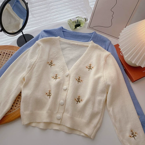 Трикотажный осенний свитер, милый короткий лонгслив, куртка, 2021 года, в корейском стиле, в западном стиле, цветочный принт, с вышивкой, V-образный вырез