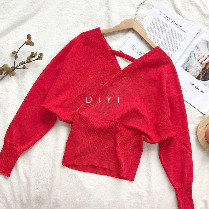 Thu đông 2018 phiên bản Hàn Quốc mới của áo thun mỏng cổ chữ V tay áo chéo tay ngắn áo cardigan