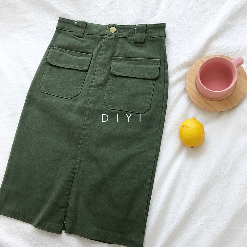 2018 mùa thu mới thời trang Hàn Quốc cao eo mỏng giảm béo đôi túi váy nữ chia túi hip midi váy chân váy giả quần