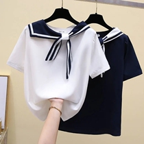 Childrens clothing 2021 summer girls short sleeve T-shirt girl Navy wind sweet bow coat loose versatile half sleeve