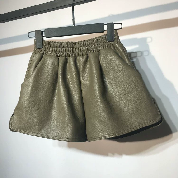 Quần short da cạp cao nữ 2018 thu đông 2018 phiên bản mới của Hàn Quốc quần lửng ống rộng quần da mỏng bên ngoài mặc quần bốt