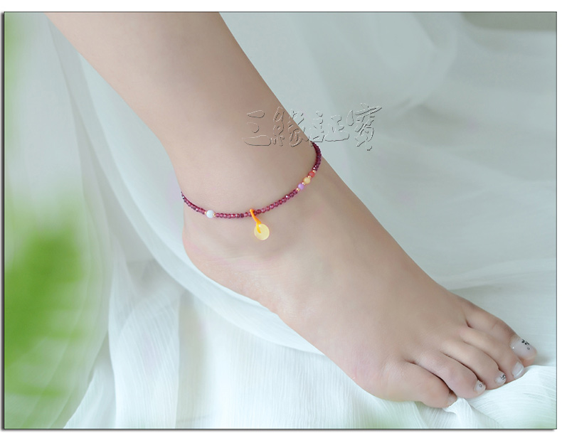 Sanyuan Zhengbao vòng chân garnet nữ phiên bản Hàn Quốc của tourmaline sáp ong 925 sterling bạc sinh viên đơn giản Sen loạt chân hoang dã lắc chân đẹp độc