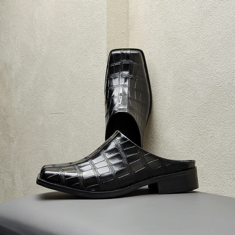 High-End First-Layer Cowhide Toe-Cap Slippers, Trendy Men's Crocodile-Pattern Square-Toe Backless Lazy Leather Shoes, Casual Mule Slippers High-End First-Layer Cowhide Toe-Cap Slippers, Trendy Men's Crocodile-Pattern Square-Toe Backless Lazy Leather Shoes, Casual Mule Slippers