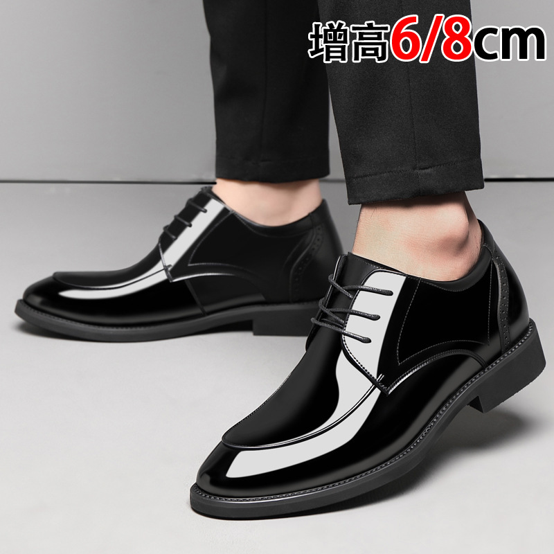 Men's Genuine Leather 6-Inch Super Shiny Business Formal Leather Shoes with Mirror-Like Reflective Surface and 8cm Internal Height Increase, Suitable for Groom and Groomsmen for Weddings