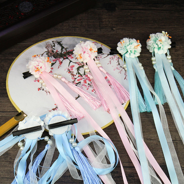 ແບບບູຮານ Hanfu costume accessories silk headdress streamer cos hairpin ຂ້າງ clip tassel ເຄື່ອງປະດັບຜົມແບບຈີນ