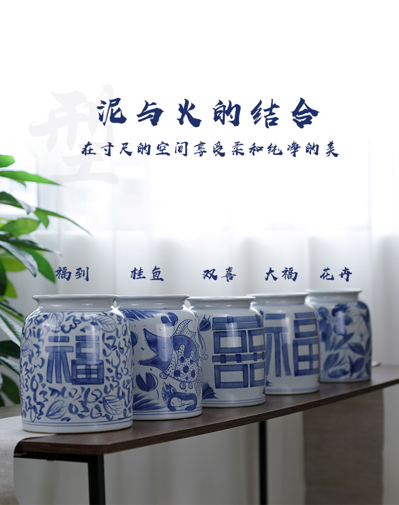 Hand - made happy character coarse pottery blue and white porcelain vases, small ornament pottery flower implement sitting room tea water keep dry flower arranging flowers