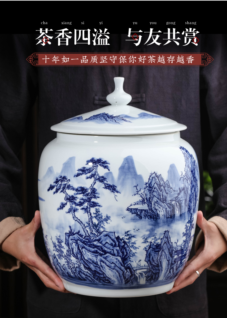 Hand - made landscape ceramic large blue and white porcelain tea pot seal pot puer tea cake home store tea urn