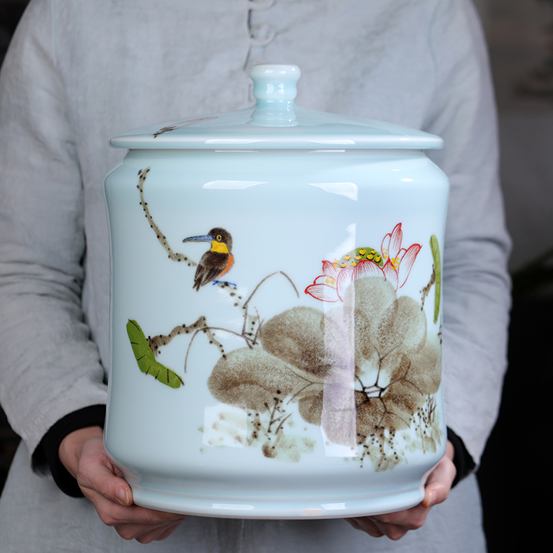 Jingdezhen ceramic storage tank hand - made lotus bird pu 'er tea pot furnishing articles large study seven cakes tea urn