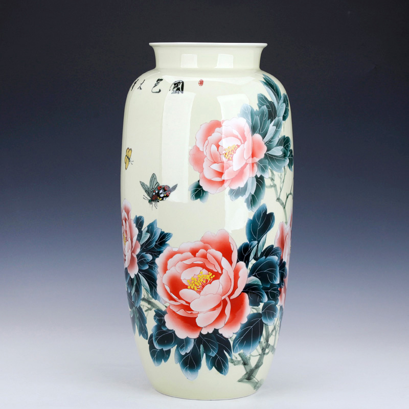 Jingdezhen hand - made ceramic vase peony painting and calligraphy scrolls cylinder receive tube of the study of calligraphy and painting scrolls porcelain jar furnishing articles