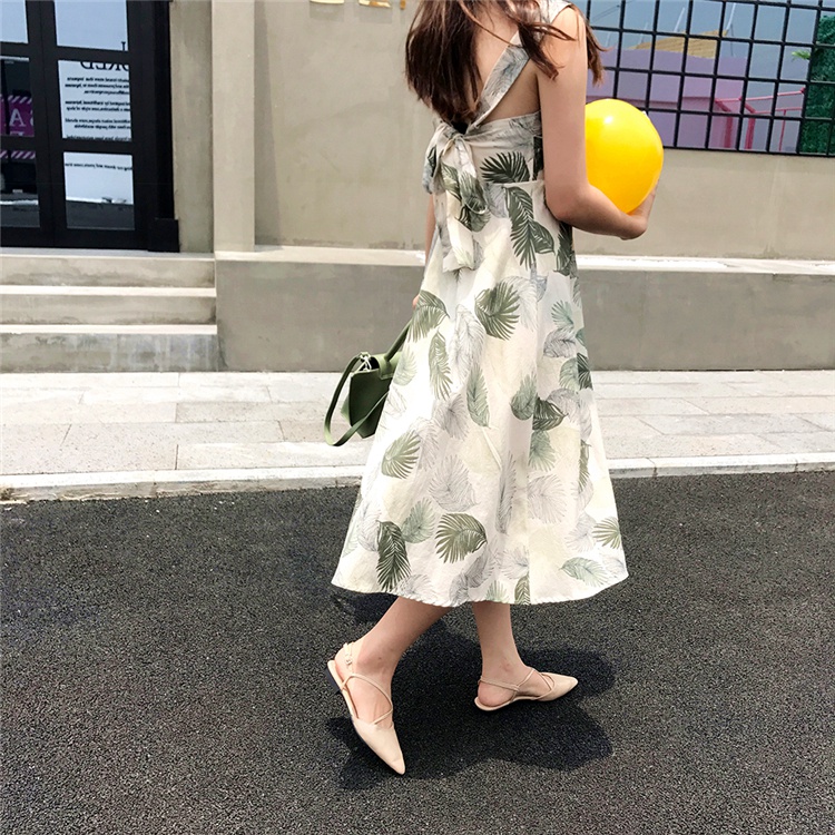 Kumayes mùa hè in hình chiếc nơ thắt nơ đơn bằng vải cotton và dây đeo bằng vải lanh đầm nhún eo che bụng