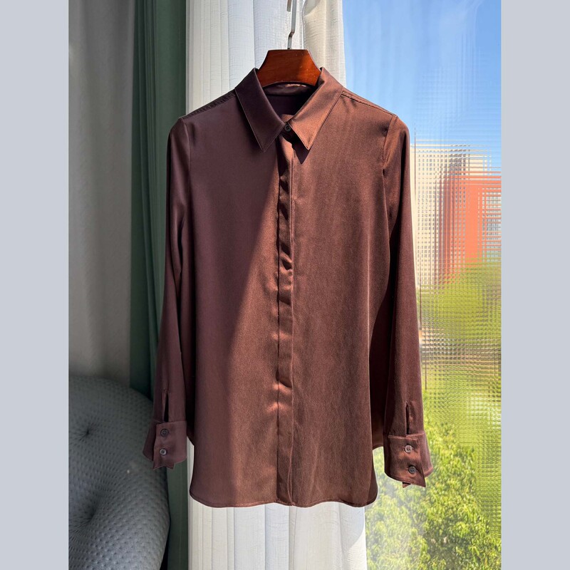 Luxurious and Elegant Old Money Style Dark Brown Chocolate Color Sand-Washed Satin Mulberry Silk Long-Sleeved Commuter Shirt for Women