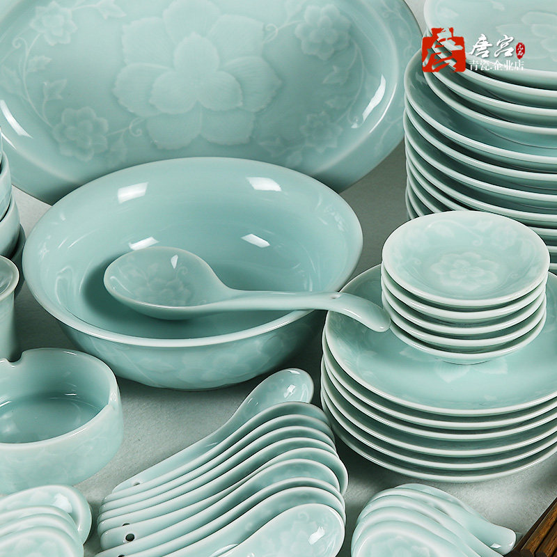 Dragon Quanqing Porcelain Tangle Branches Peony Plate Home Hotel Rice Bowls Plate Powder Green Reliquary Solid Desert Rose Cutlery