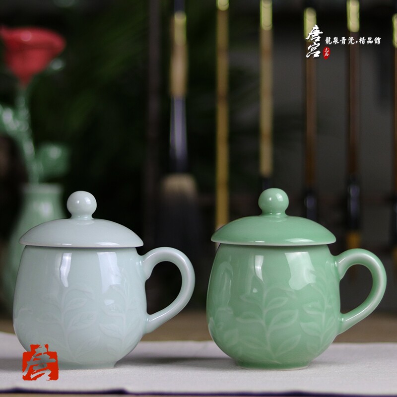 Tang Palace celadon household with lid master tea relief cup office meeting ceramic personal tea cup customization