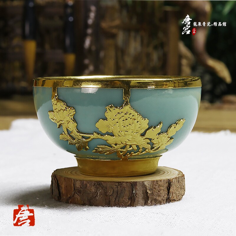 Tang Palace Qing Porcelain Utilitus Tea Tasting Cup Tea Cup Tea Cup Tea Cup Ceramic Full Pure Hand Plum Green Inlaid Gold Cup Pu-erh