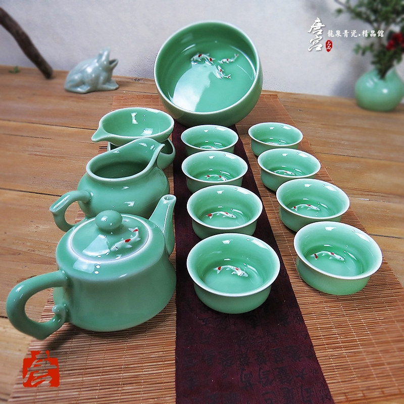 Tang Palace Blue Porcelain Ceramic suit Disciples Kilo Carp Kung-fu Whole Set of tea set 8 people with 12 pieces