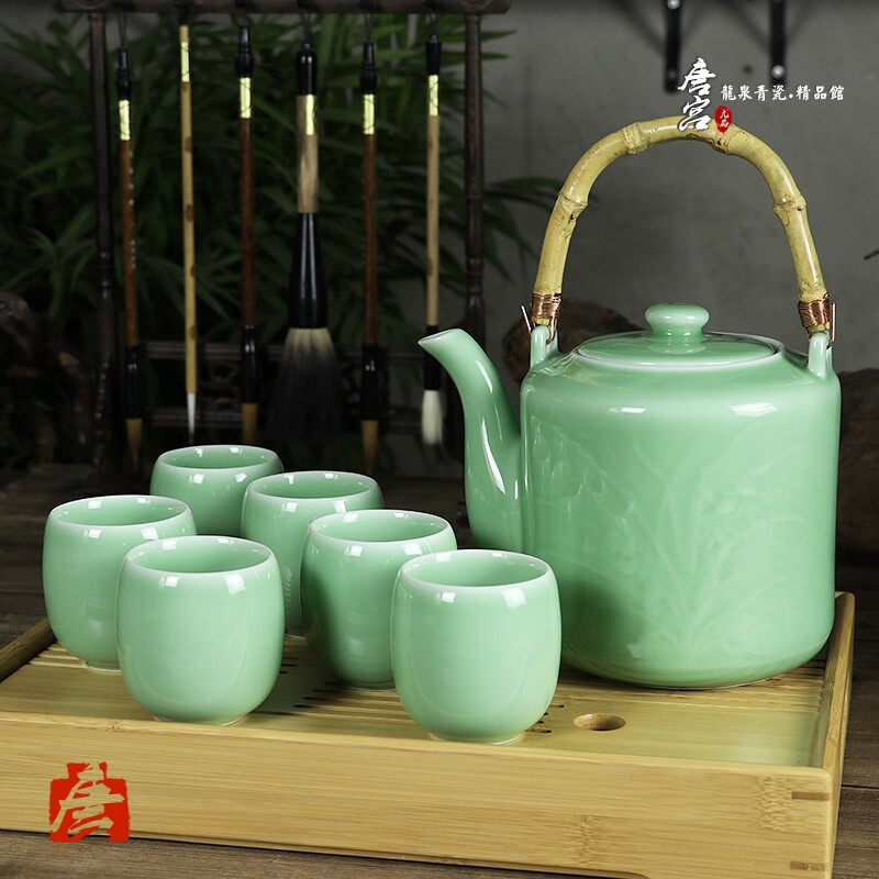 Tang Palace Green China Porcelain Large Number Teapot Ceramic Cold Kettle Tea Tea Set Up to Pot Plan Large Capacity Boutique Teapot