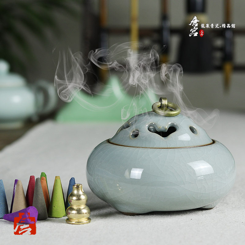 Tang Palace Green China Porcelain Incense Stove Ceramic Buddha hand imitation ancient pure copper lavender line Honolulu fragrant porcelain incense stove