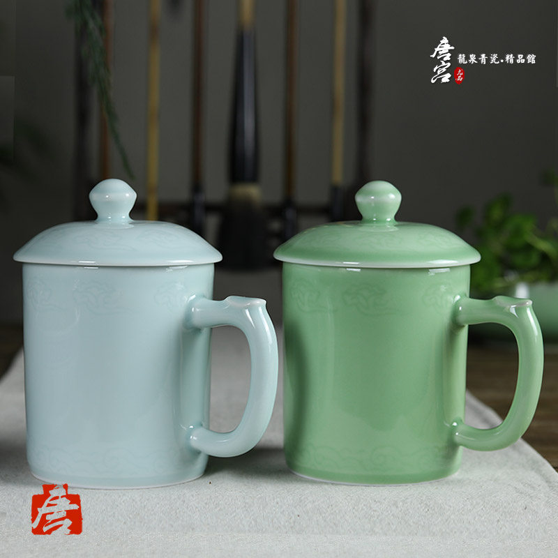 Dragon Springs Green Porcelain With Lid Tea Cup Personal Office Water Cup Ceramic Xiangyun Cup Big Number Home Cup Boss Tea Cup