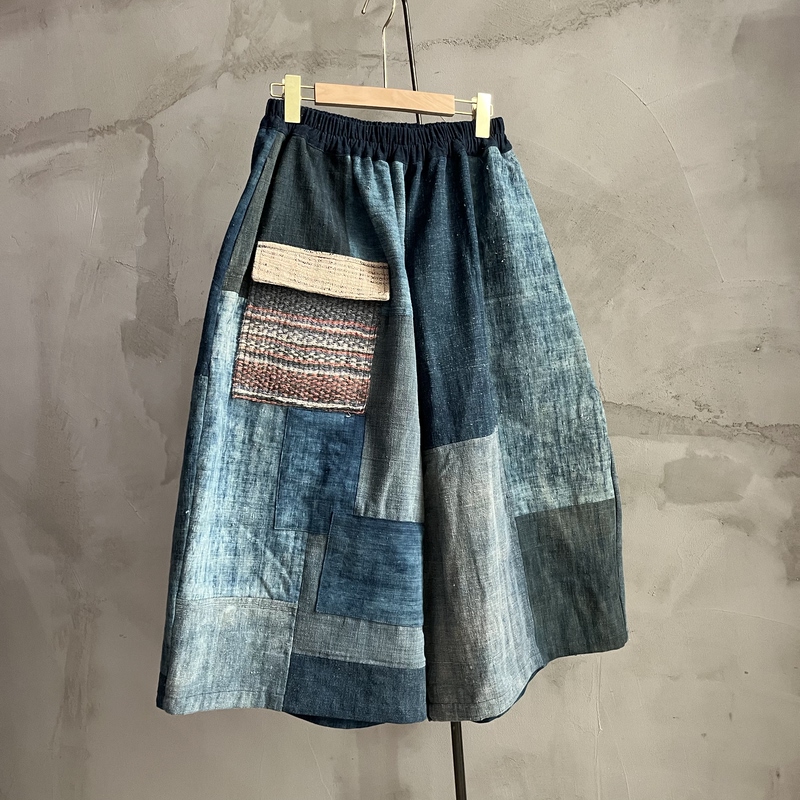Agarwood Cloth, Blue-Dyed Old Cloth Patchwork, Fire Grass Eight-Point Casual Pants for Women, Loose Long Pants LAOSHU Fabric Can Be Customized
