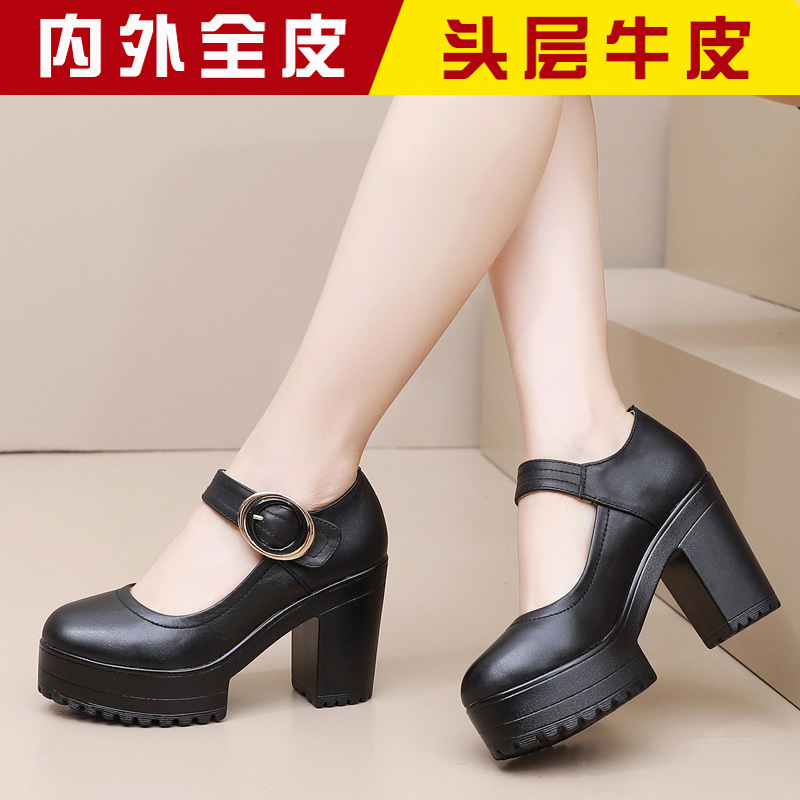 Cowhide Chunky Heel Single Shoes with Waterproof Platform, Thick Sole, Model High Heels, Runway Women's Shoes, Round Toe, T-Stage Genuine Leather Work Shoes, Large Size