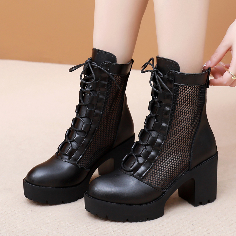 Genuine Leather High-Heeled Women's Shoes, Large Size Mesh Martin Boots, Women's Spring and Summer Thick-Heeled Platform Sandals, Mesh Round-Toe Sandals