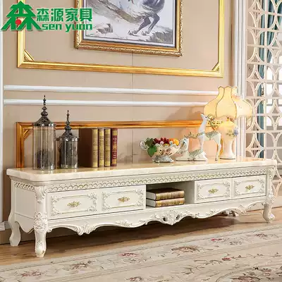 European-style marble TV cabinet coffee table combination modern simple full solid wood carving living room small apartment bedroom floor cabinet