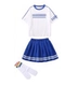 Белая футболка, синяя мини-юбка, носки