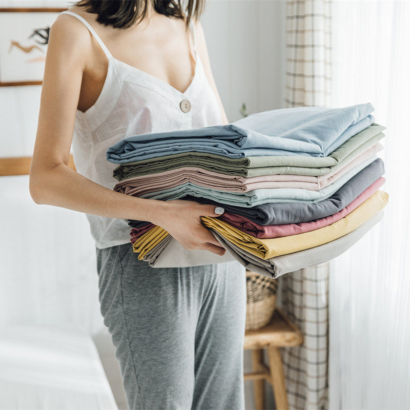 Pure color minimalist full cotton washed cotton bed Hat Mat Bed Mat bed cushion protective sheath Child pure cotton linen single piece Three sets