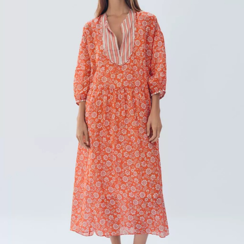 2026 Summer New Women's Clothing Retro Casual Large Size Floral Print Lace-Up Kaftan Dress 2113844
