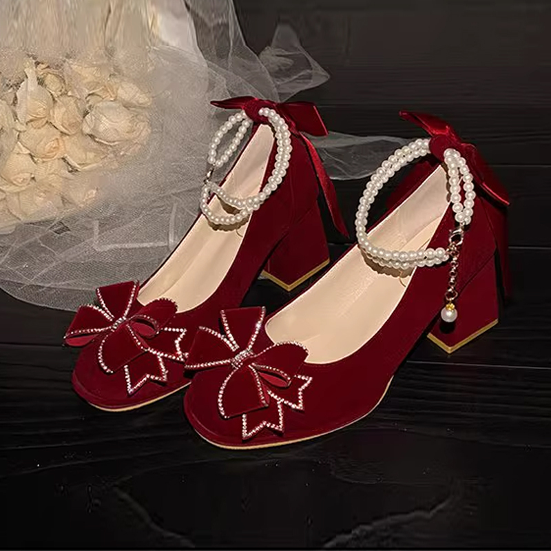 Wedding High Heels Women's Bridal Shoes 2026 New Style Bride Shoes Xiuhe Dress Chunky Heel Red Chinese Style Engagement Toast Shoes Large Size