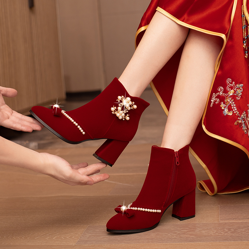 Winter Wedding Shoes for Women, Xiuhe Wedding Dress Two-Way Wear, 2025 New Style, Chunky Heel Bridal Shoes, Red High Heels, Short Boots