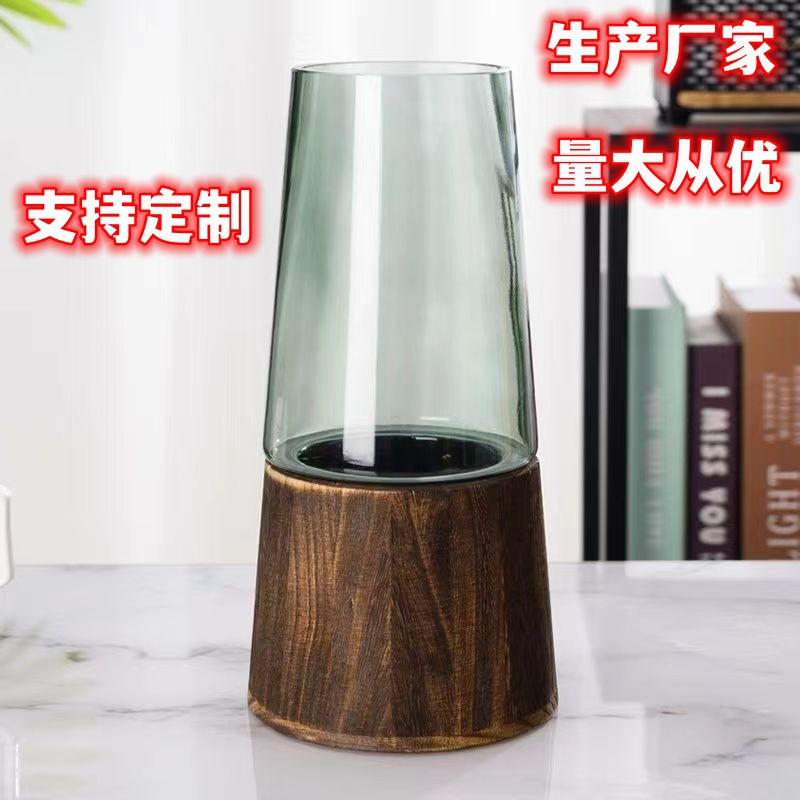 Solid wood glass vase light and luxurious modern minimalist creative large diameter water raising rich and expensive bamboo horse intoxicated flower arrangement swinging pieces-Taobao