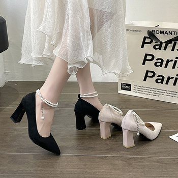 French-Style Black High-Heeled Shoes for Women, Chunky Heel, 2025 New Fairy Style, Spring and Autumn Design, Niche Temperament, Mid-Heel Single Shoes