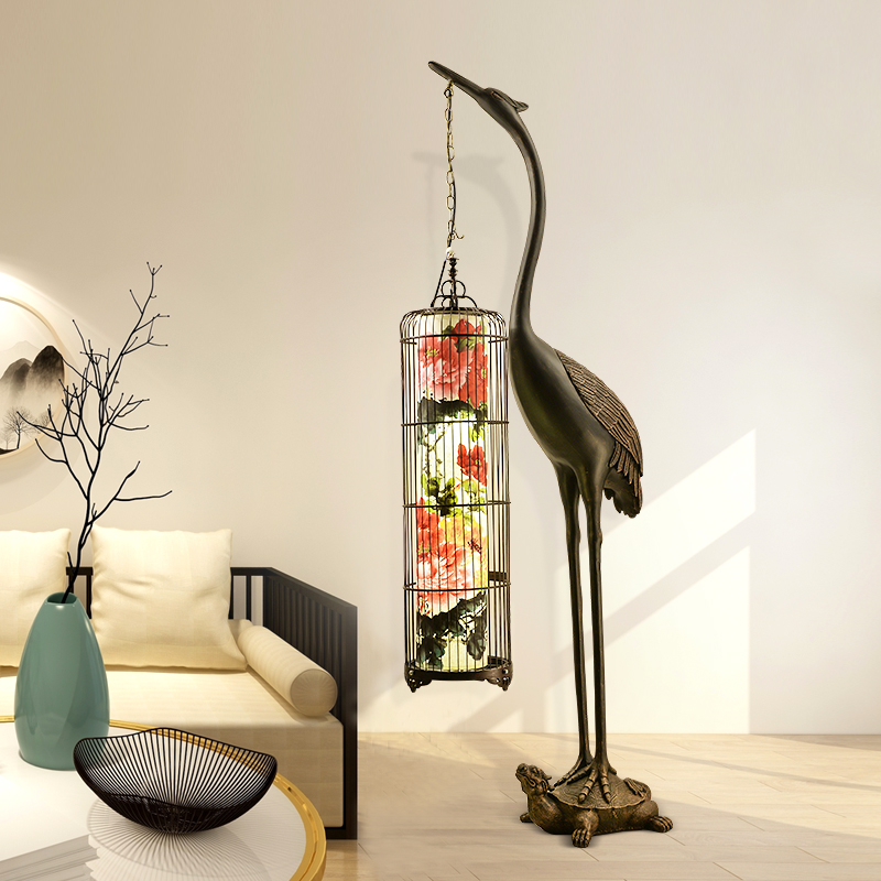 Retro New Chinese Floor Lamp Vertical Living Room Tea Room Zen Birdcage Lamp Hotel Floor Crane Ornament Chinese Style