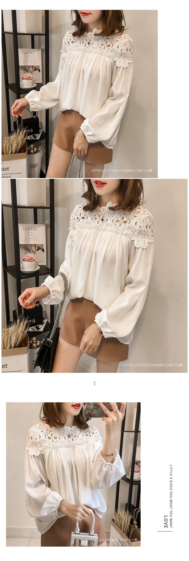 Áo voan nữ dài tay siêu cổ điển 2019 xuân hè mới phiên bản Hàn Quốc của size lớn rỗng ren đáy áo từ vai áo sơ mi áo trắng công sở