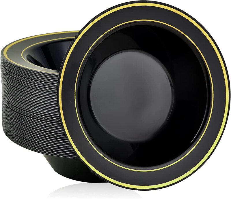 7.5inch Disposable Black Rimmed Large Salad Bowls Hard Plastic Soup Bowls Fruit Deep Plates Party Tableware